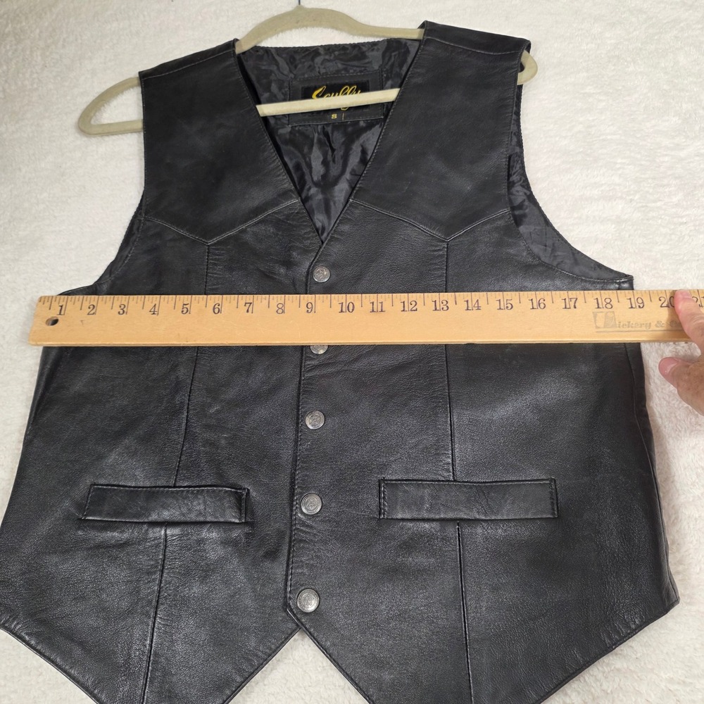 Scully Leather Vest Mens Small Black Western Biker Oklahoma Seal Buttons - Picture 5 of 9